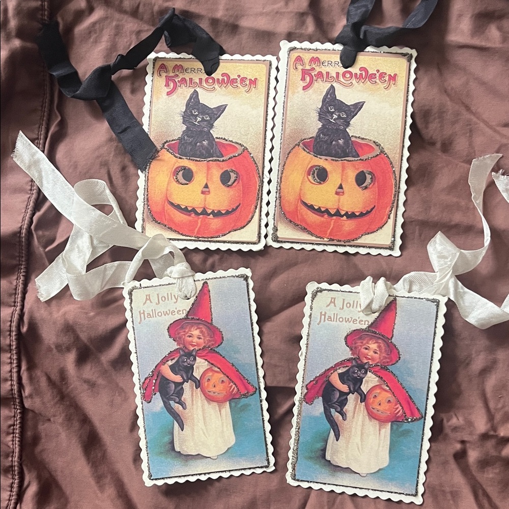Vintage Halloween Gift Tags with Black Cat and Pumpkin